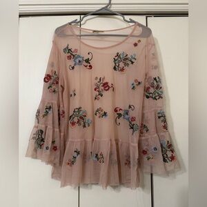 Democracy Pink Floral Embroidered Sheer Blouse